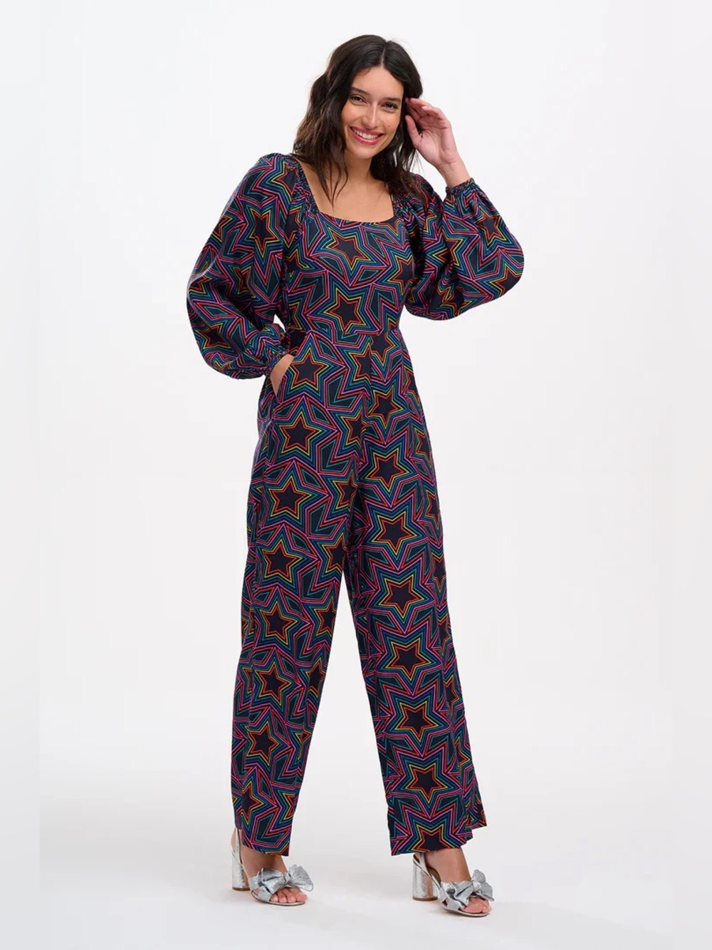 NWT Sugarhill Brighton Hestia Shirred Jumpsuit in Black Rainbow Star Explosion